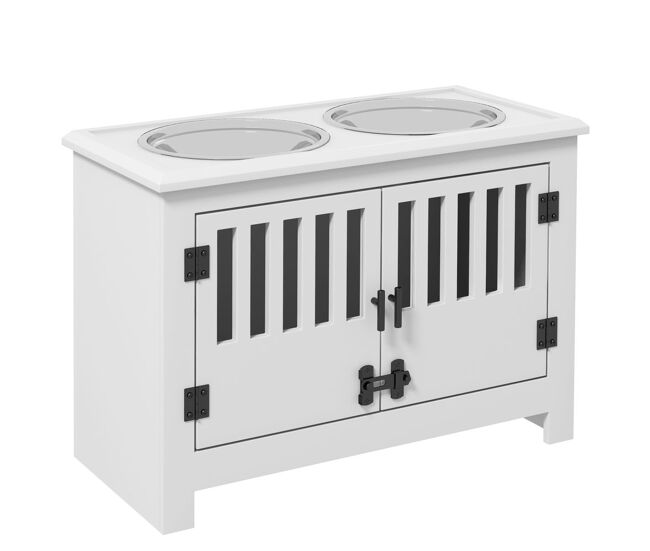 Pawhut comedouro elevado para cães com 2 tigelas em aço inoxidável 2x2 l, arrumação 37 l e 2 portas com trincos, branco