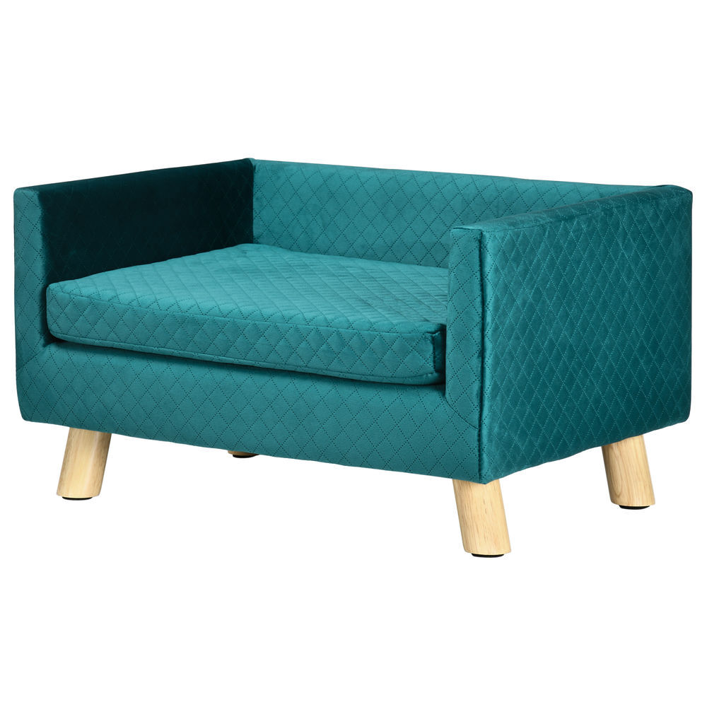 Pawhut sofá para cães pequenos 64x45x36 cm, cama elevada em veludo com almofada lavável e pés em madeira de bétula, até 8 kg, azul esverdeado