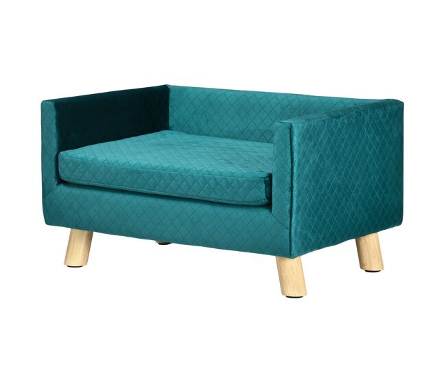 Pawhut sofá para cães pequenos 64x45x36 cm, cama elevada em veludo com almofada lavável e pés em madeira de bétula, até 8 kg, azul esverdeado