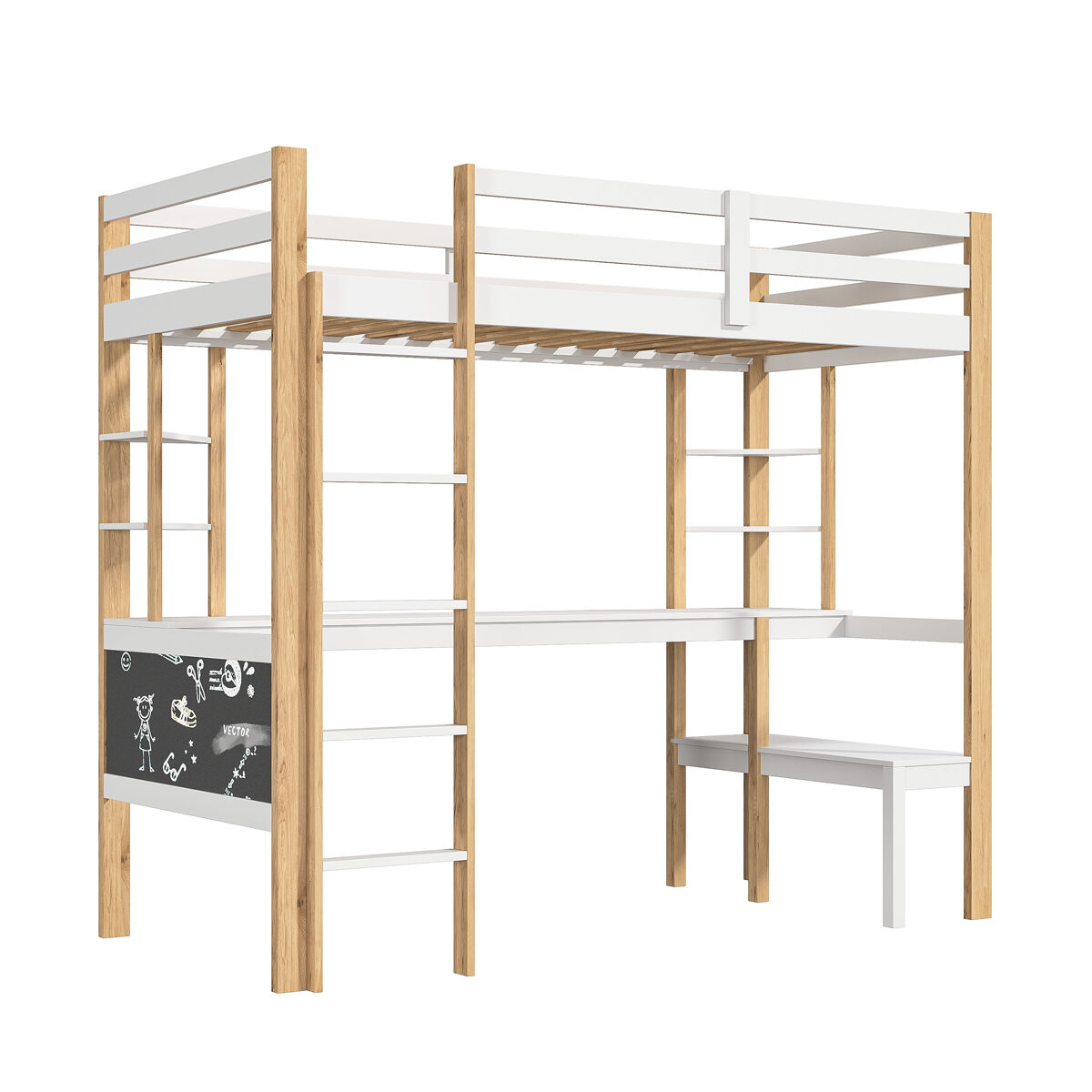 Cama 90x200cm, cama infantil, beliche, cama adolescente, proteção contra quedas, escada, cama de madeira maciça, branca