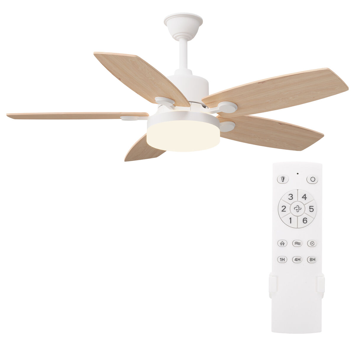 Ventoinha de teto 42" com luz led, 5 pás efeito madeira, motor dc reversível, comando à distância, temporizador, 3 temperaturas de cor
