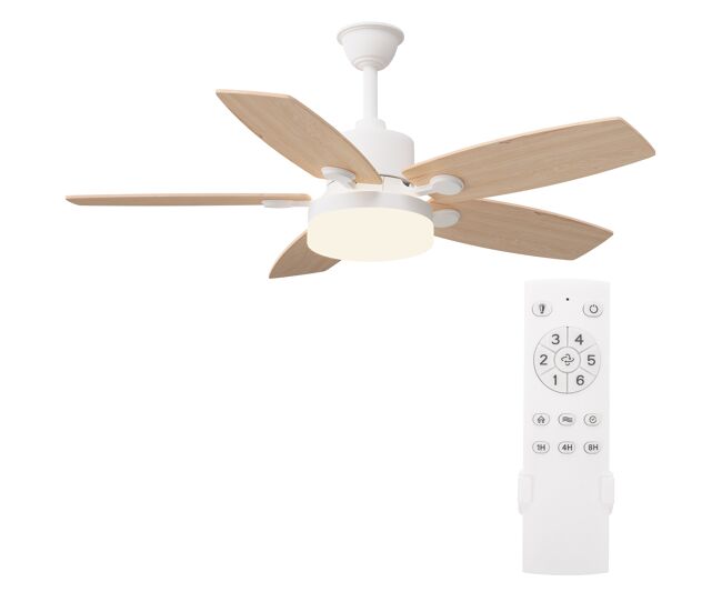 Ventoinha de teto 42" com luz led, 5 pás efeito madeira, motor dc reversível, comando à distância, temporizador, 3 temperaturas de cor