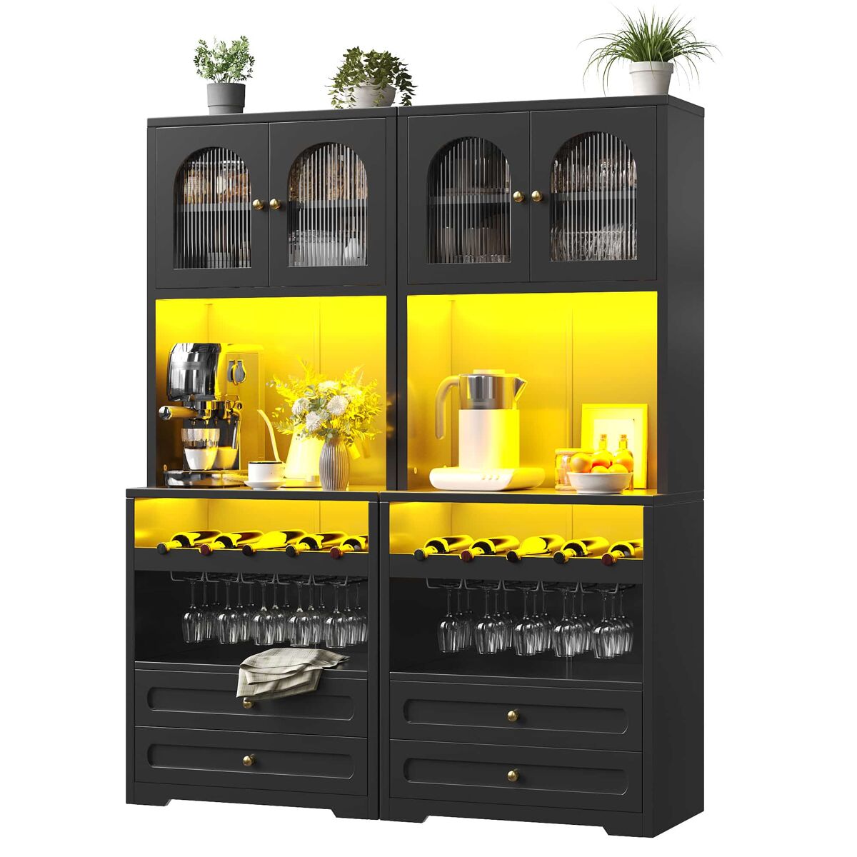 Vitrina alta de 180 cm - portas de vidro curvas, led inteligente com app, sincronização musical, étagères ajustáveis, suporte para garrafas e usb - noir