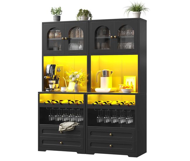 Vitrina alta de 180 cm - portas de vidro curvas, led inteligente com app, sincronização musical, étagères ajustáveis, suporte para garrafas e usb - noir