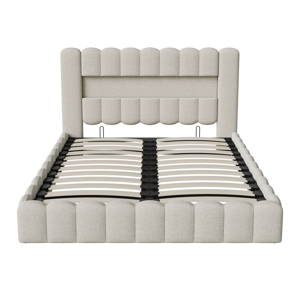 Cama estofada 140x200 cm, cama com estrado hidráulico, cama com estrado de ripas, candeeiro de leitura com porta de carregamento usb e iluminação led,