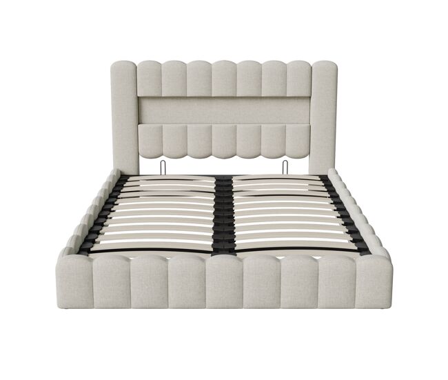 Cama estofada 140x200 cm, cama com estrado hidráulico, cama com estrado de ripas, candeeiro de leitura com porta de carregamento usb e iluminação led,