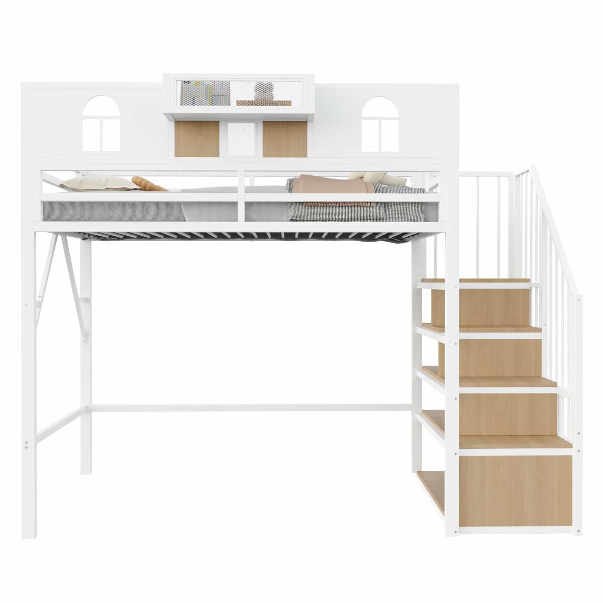Cama alta metálica 90x200 cm - escada com arrumação, led, prateleiras e corrimão - branco