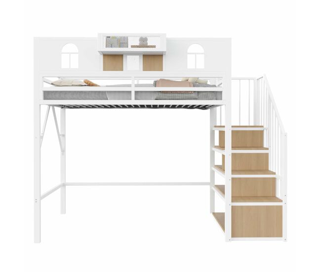 Cama alta metálica 90x200 cm - escada com arrumação, led, prateleiras e corrimão - branco