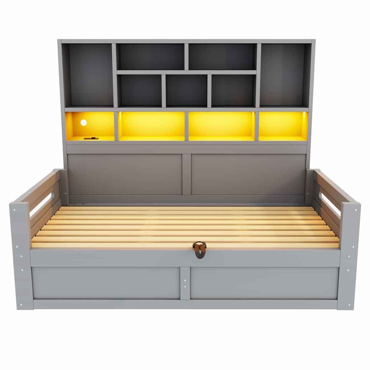 Sofá-cama 90x200 cm - multifuncional com arrumação hidráulica, led e tomadas, cama para jovens - cinzento