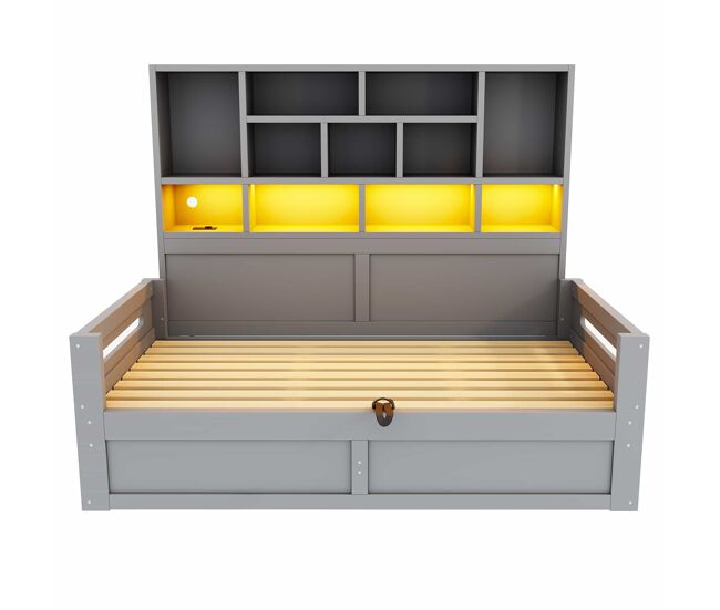 Sofá-cama 90x200 cm - multifuncional com arrumação hidráulica, led e tomadas, cama para jovens - cinzento
