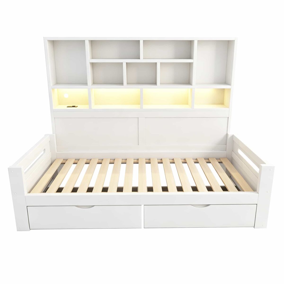 Sofá-cama para jovens 90x200 cm - arrumação, led, tomadas, armário e gavetas - branco