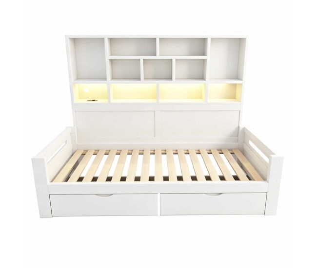 Sofá-cama para jovens 90x200 cm - arrumação, led, tomadas, armário e gavetas - branco