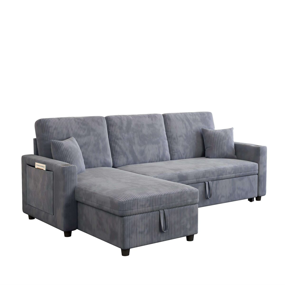 Sofá-cama de canto l de 3 lugares - modular com chaise longue, função de cama e arrumação - cinzento