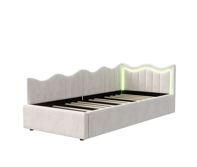 Cama 90x200 cm | sofá-cama de dia em veludo bege | cama individual com led e arrumação hidráulica | estrutura com sommier | cama juvenil e de hóspedes