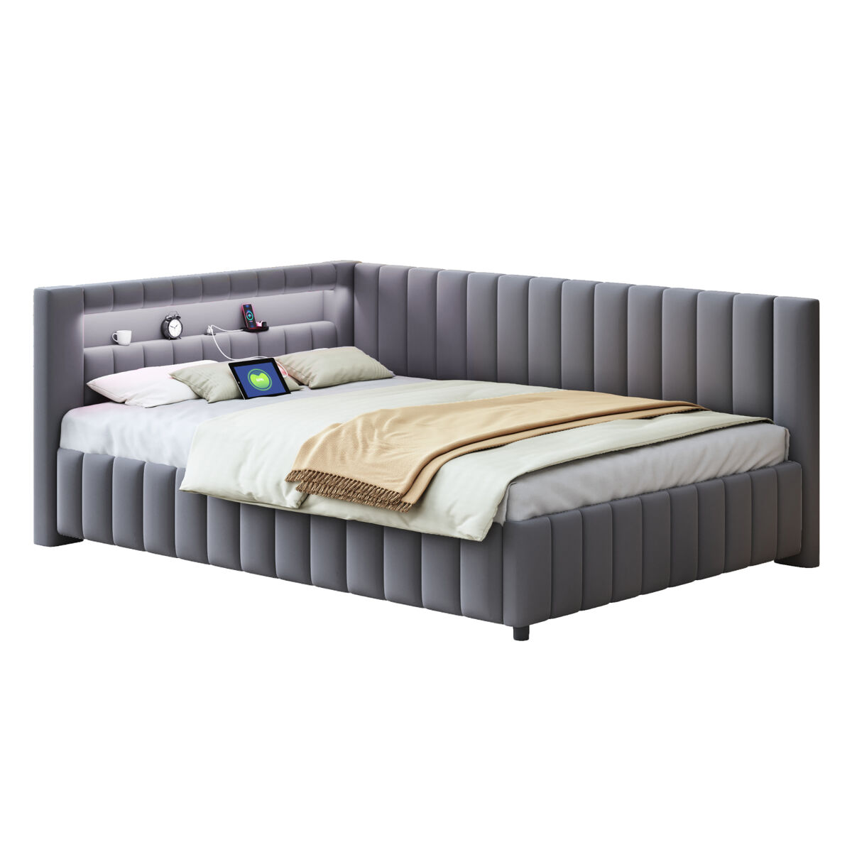 Cama de casal de veludo 140x200 cm com luz led,cinza escuro