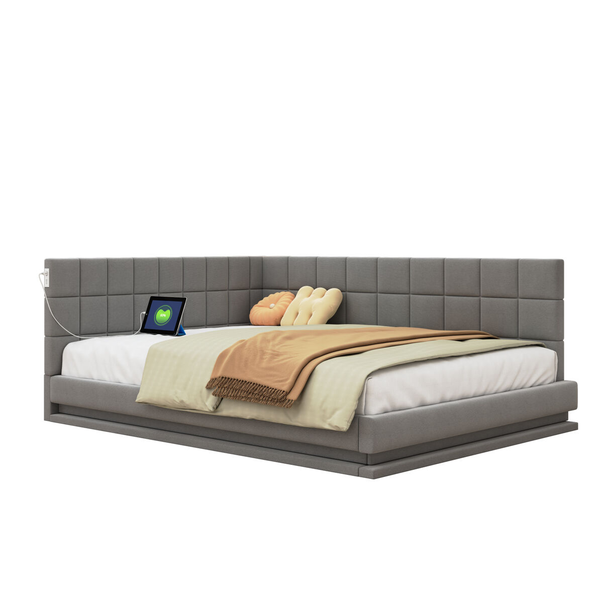 Cama de casal de linho 160x200 cm com luz led,cinza
