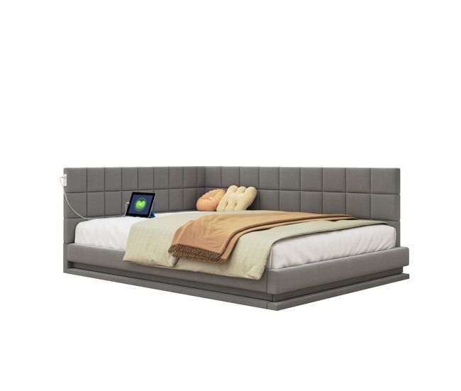 Cama de casal de linho 160x200 cm com luz led,cinza