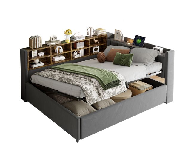 Cama de casal de veludo 140x200 cm com armazenamento,cinza escuro