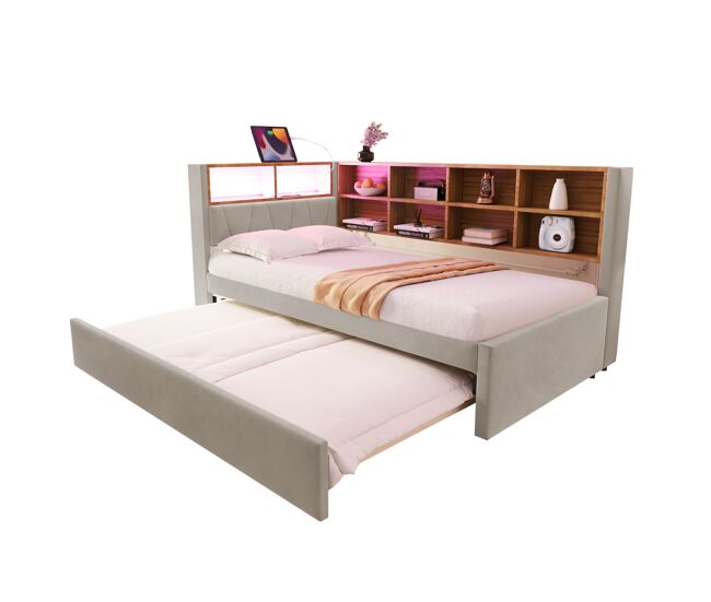 Cama gavetão de tecido 90x200 cm com luz led,cinza claro