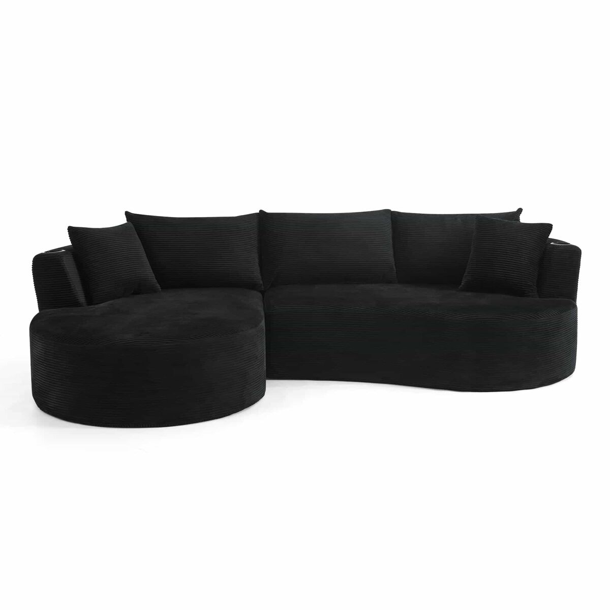 Sofá de 3 lugares com estrutura expansível - chaise longue à esquerda + 2 lugares, design curvo, tecido de veludo cotelê macio, porta-copos e almofadas, embalado a vácuo, para sala de estar, hotel, apartamento e escritório - noir