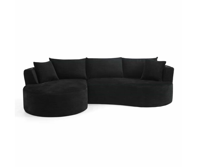 Sofá de 3 lugares com estrutura expansível - chaise longue à esquerda + 2 lugares, design curvo, tecido de veludo cotelê macio, porta-copos e almofadas, embalado a vácuo, para sala de estar, hotel, apartamento e escritório - noir