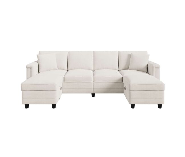 Sofá modular 261 x 134 cm - transformável em l e em u, com arrumação e almofadas, estofado em chenille - bege