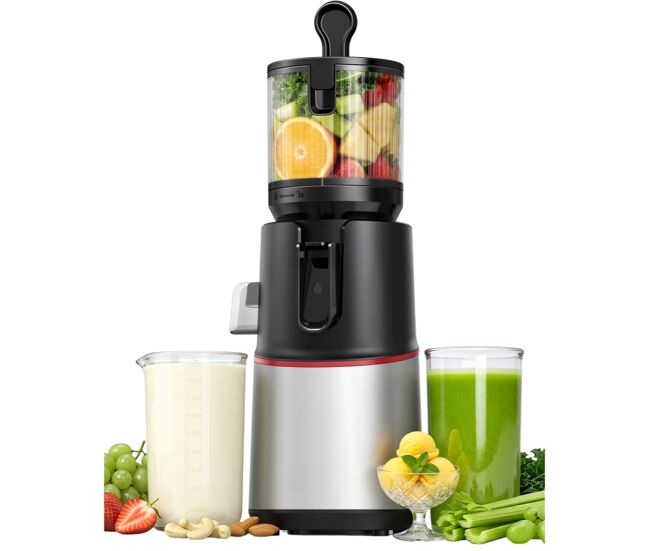Máquina de sumos lenta cold press 3 em 1 250w com boca larga 4.7" sem bpa prata e preto