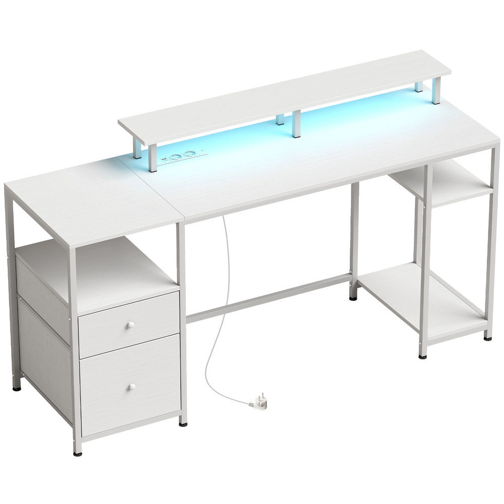 Homcom secretária para computador com luzes led, prateleiras, gavetas, tomadas, usb e suporte para monitor, 155,5x48x88,5 cm, branco