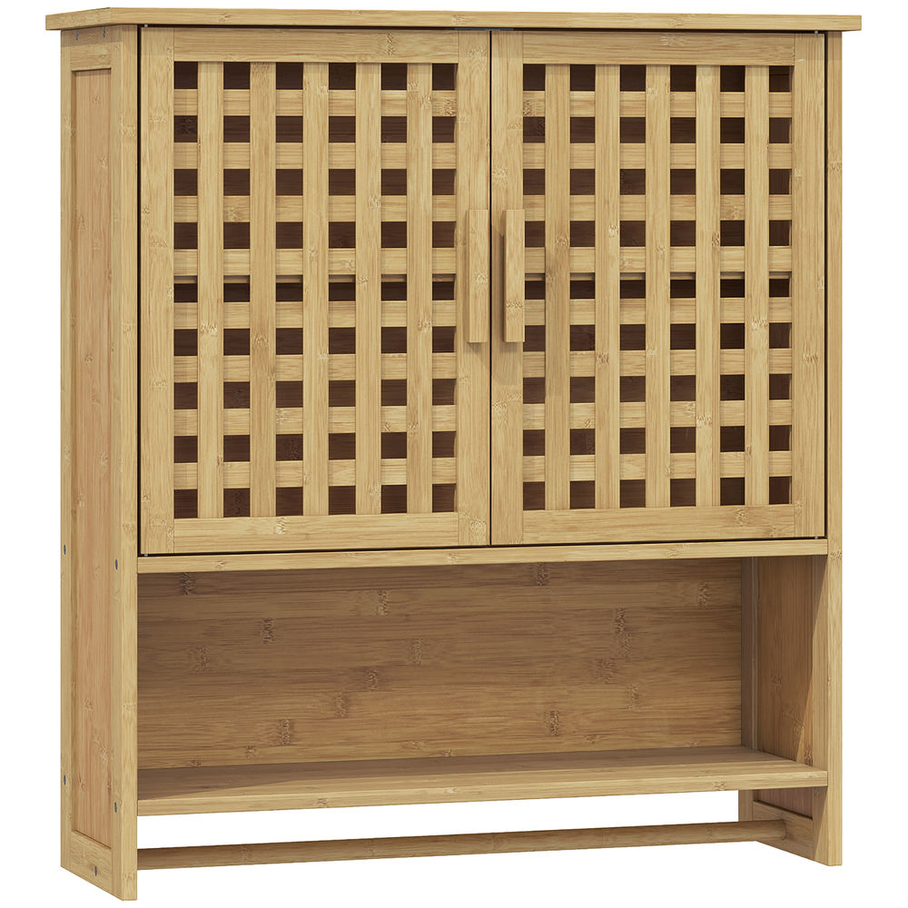 Homcom armário de casa de banho de parede em bambu com 2 portas ripadas, étagère aberta e ajustável, natural