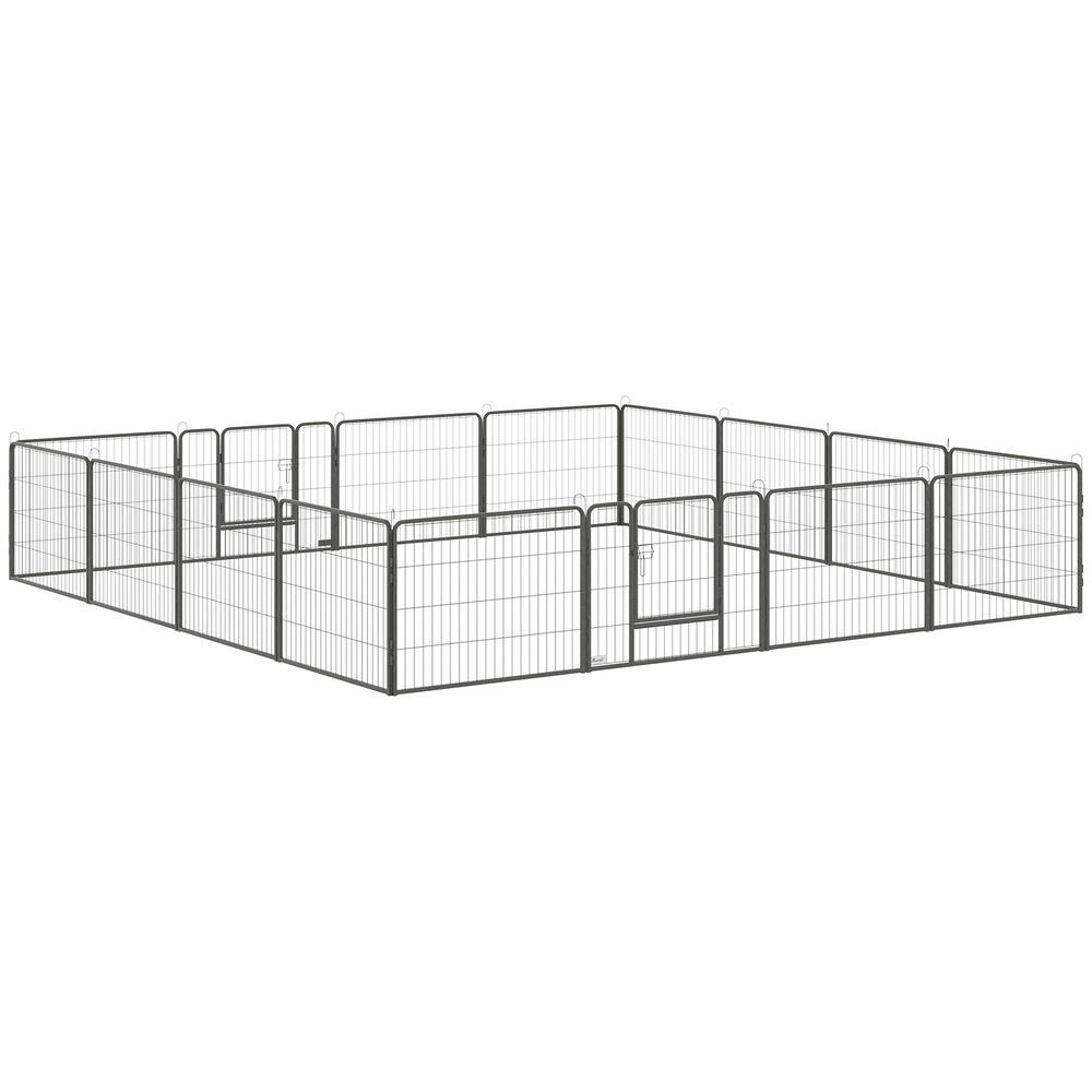 Pawhut parque para cães com 16 painéis 80x60 cm, 2 portas com fecho, recinto em aço para interior e exterior, cinzento