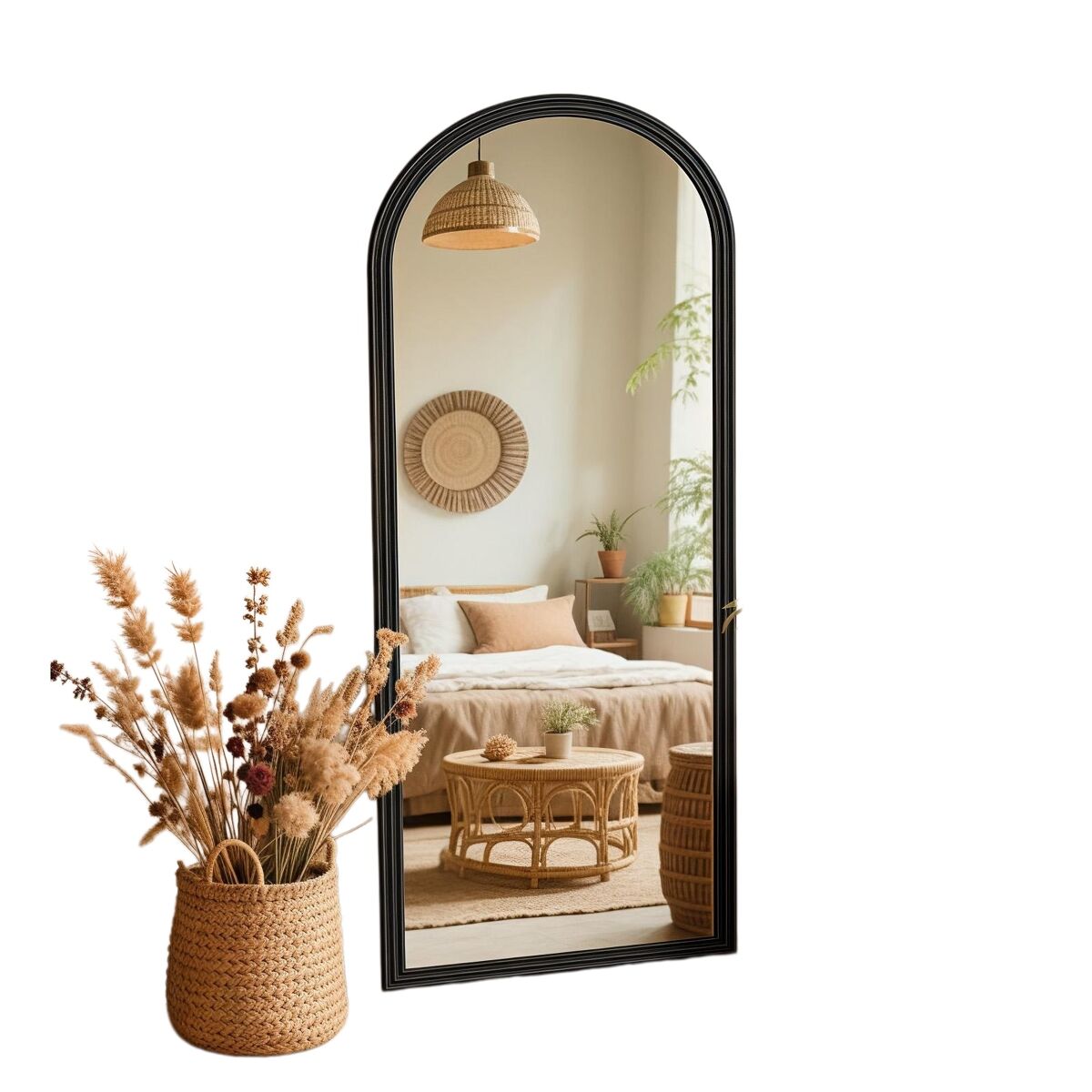 Espelho de corpo inteiro arco em madeira preta 160x50 cm, espelho de chão ajustável com moldura estilo vintage para quarto e sala