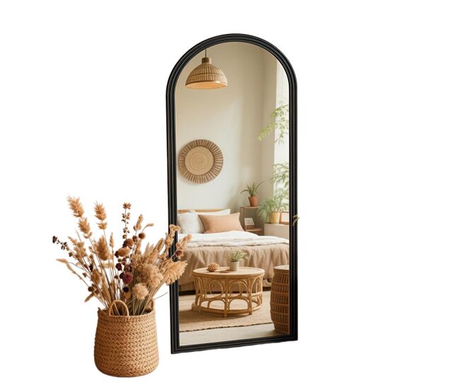 Espelho de corpo inteiro arco em madeira preta 160x50 cm, espelho de chão ajustável com moldura estilo vintage para quarto e sala