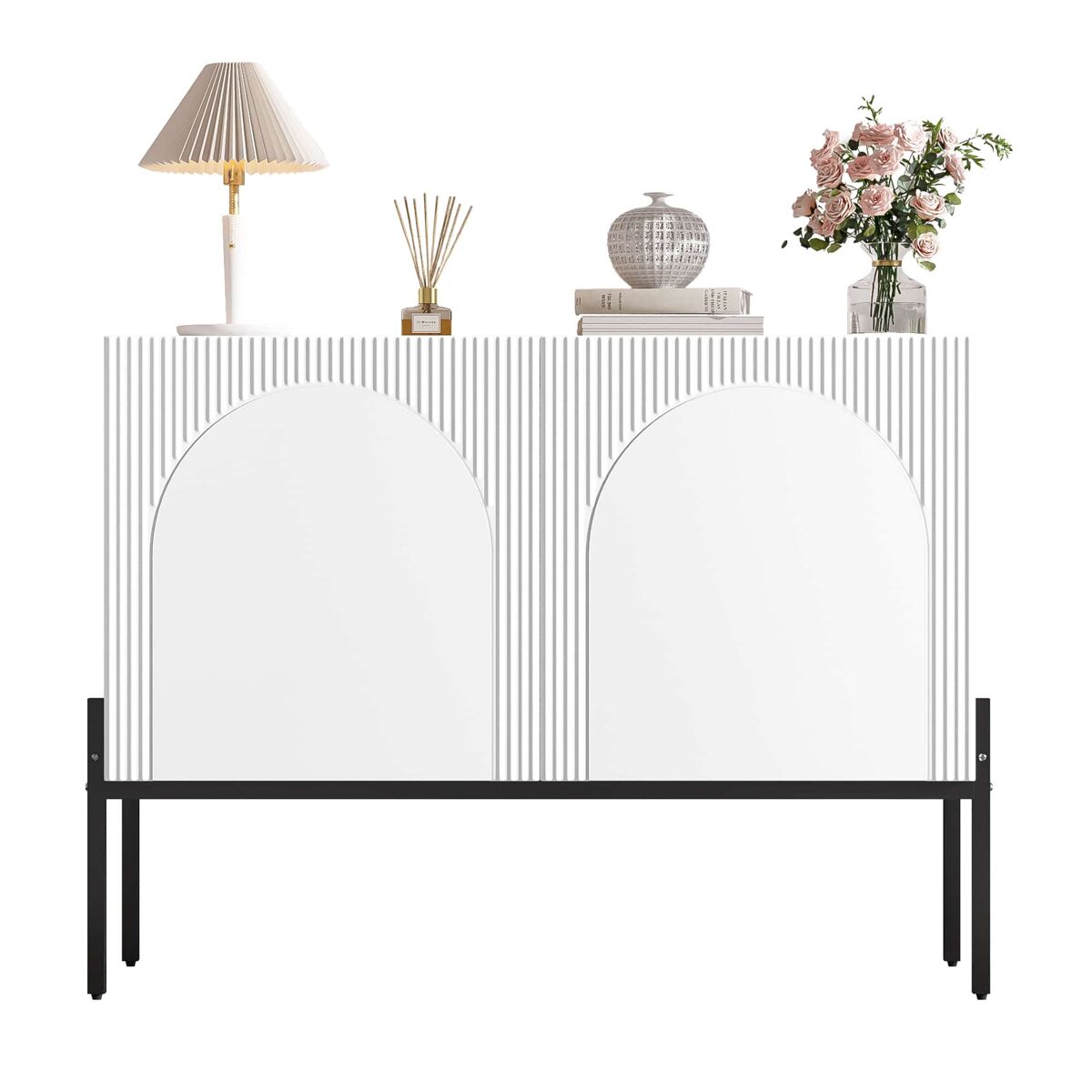 Aparador 100 x 75 x 40 cm - 2 portas, pés metálicos, design com linhas curvas, estilo moderno minimalista - blanc