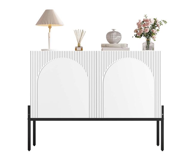Aparador 100 x 75 x 40 cm - 2 portas, pés metálicos, design com linhas curvas, estilo moderno minimalista - blanc