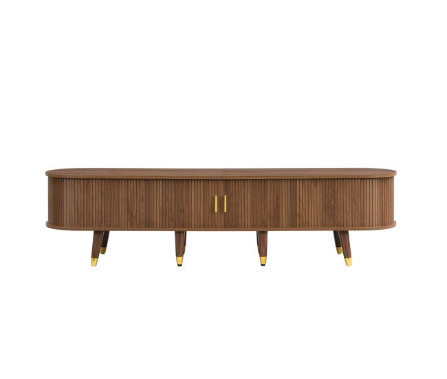 Móvel de tv 175 cm - porta deslizante em rattan, design em imitação de nogueira, com arrumação - nogueira