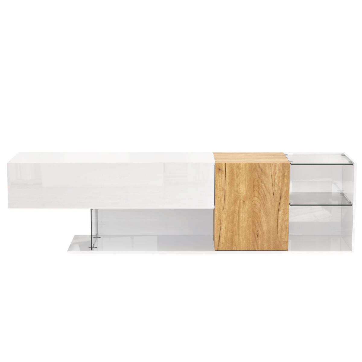 Móvel de tv 180 cm - design minimalista, arrumação prática, étagères de vidro - blanc, natural