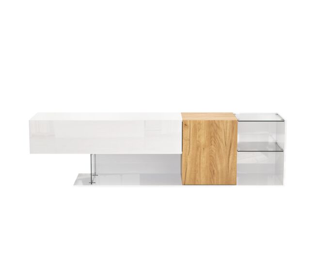 Móvel de tv 180 cm - design minimalista, arrumação prática, étagères de vidro - blanc, natural