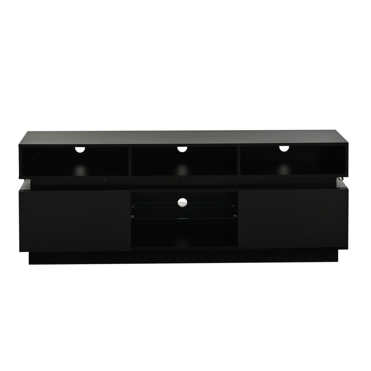 Móvel de tv tipo lowboard 160 x 35 x 60 cm - suporte para tv de ecrã plano com étagère em vidro temperado, acabamento de alto brilho, iluminação led, mdf, adequado para tvs de 60 polegadas - noir