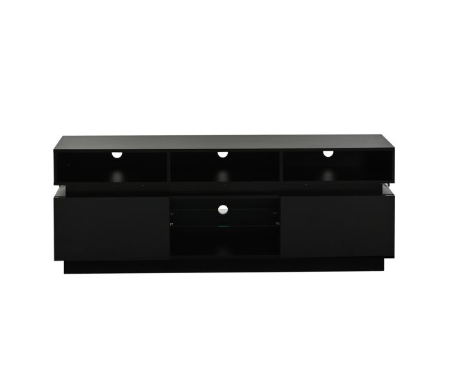 Móvel de tv tipo lowboard 160 x 35 x 60 cm - suporte para tv de ecrã plano com étagère em vidro temperado, acabamento de alto brilho, iluminação led, mdf, adequado para tvs de 60 polegadas - noir