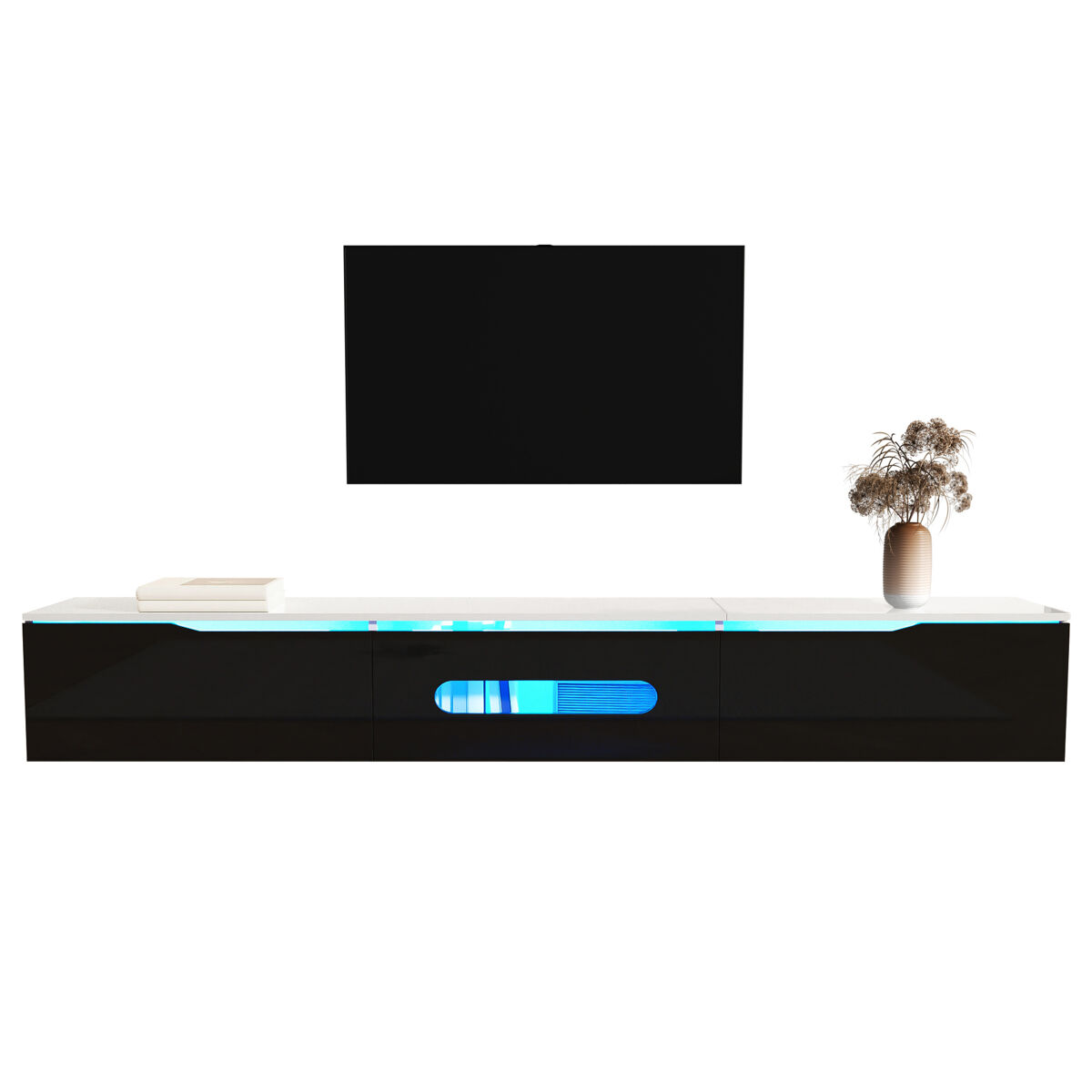 Móvel de tv 180 cm - superfície de alto brilho, com iluminação led de 16 cores, adequado para montagem na parede - preto e branco