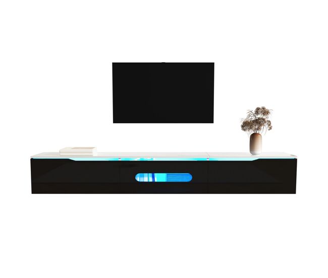Móvel de tv 180 cm - superfície de alto brilho, com iluminação led de 16 cores, adequado para montagem na parede - preto e branco