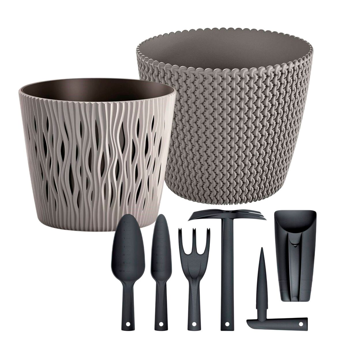 Pack jardim – 2 vasos redondos (5 l + 3 l) + conjunto de 6 ferramentas de mão prosperplast - kit de jardinagem completo
