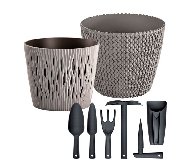 Pack jardim – 2 vasos redondos (5 l + 3 l) + conjunto de 6 ferramentas de mão prosperplast - kit de jardinagem completo