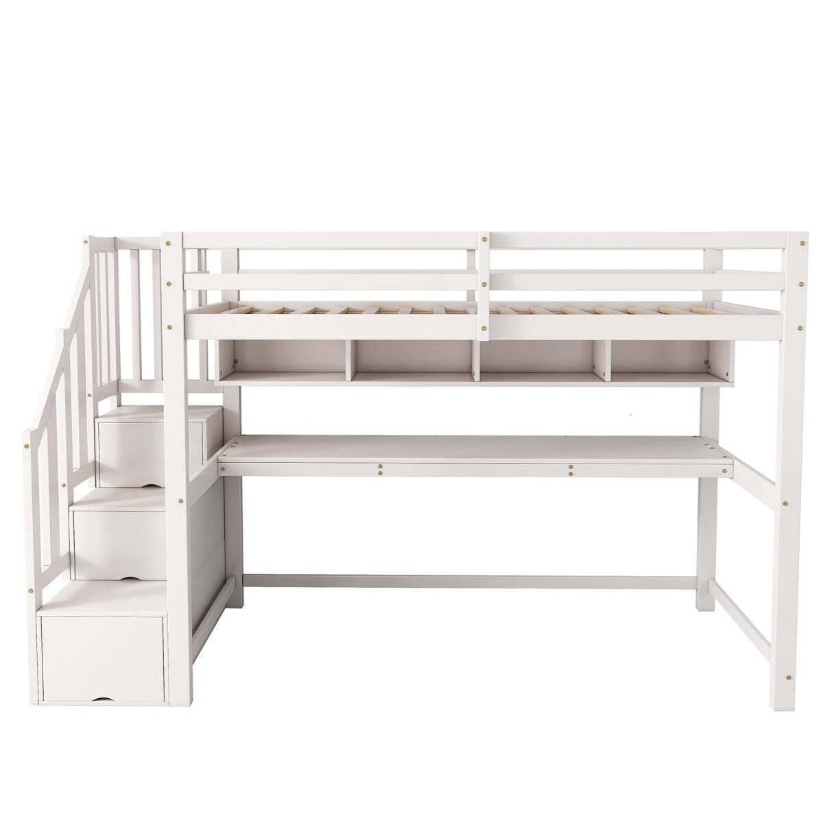 Cama alta infantil 90x200 - com escada e secretária, prateleiras, madeira maciça + mdf - branco