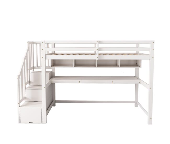 Cama alta infantil 90x200 - com escada e secretária, prateleiras, madeira maciça + mdf - branco