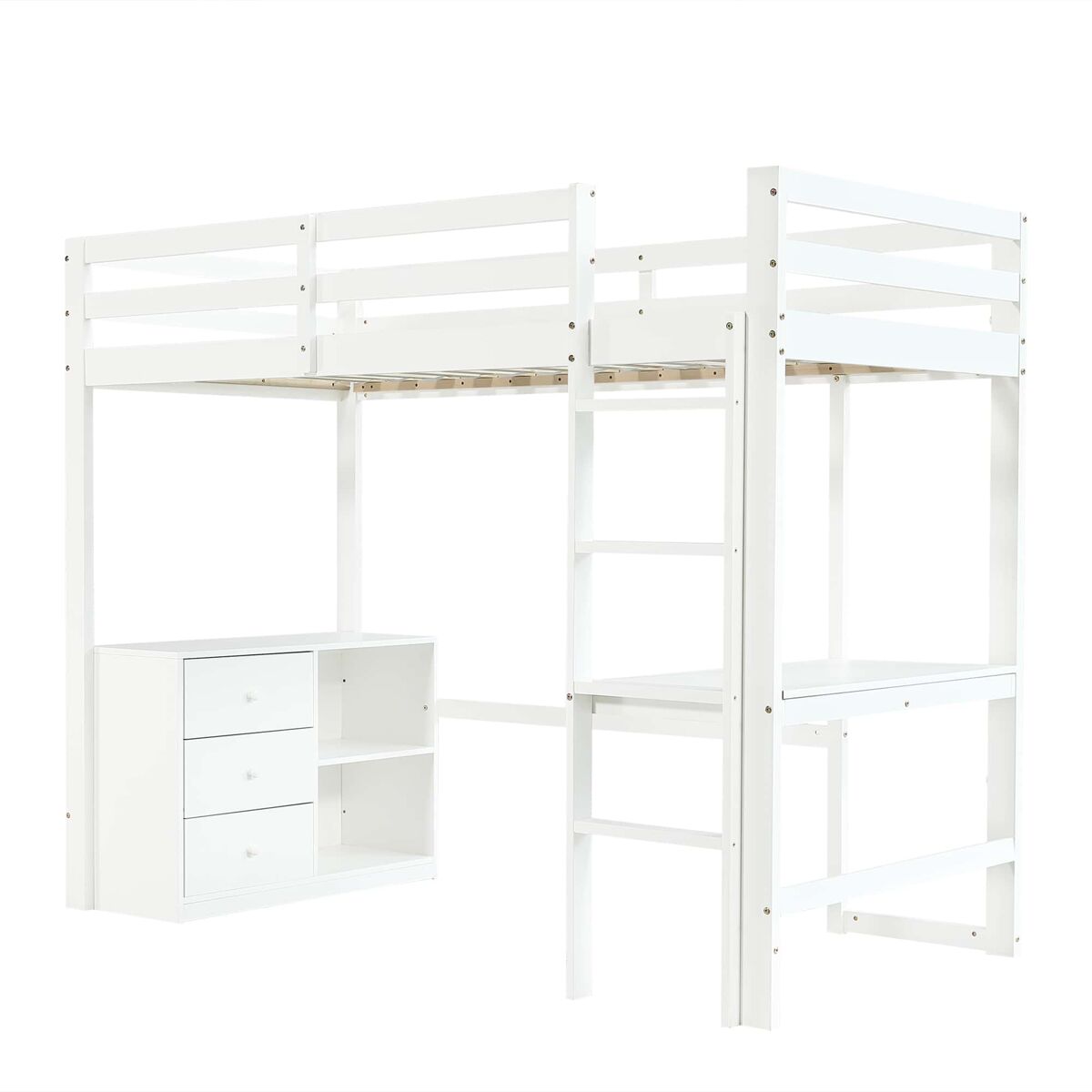 Cama alta infantil 90x200 cm - com secretária, gaveteiro e estante, escada de 4 degraus - branco