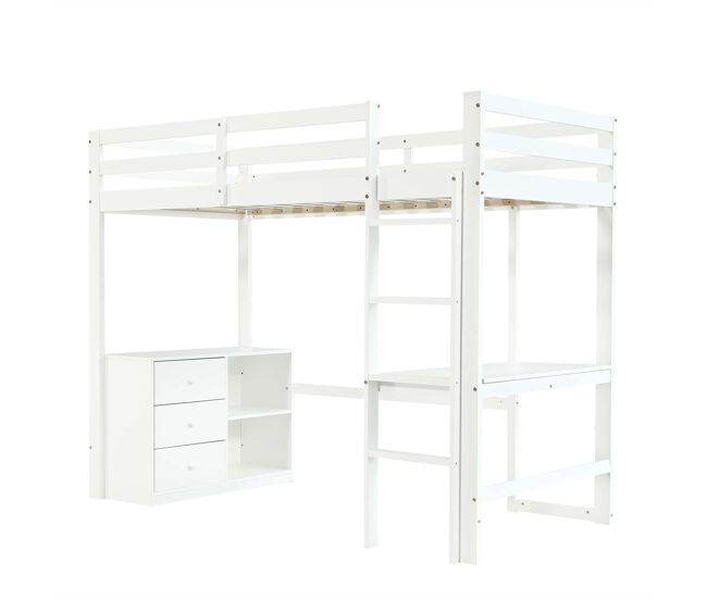 Cama alta infantil 90x200 cm - com secretária, gaveteiro e estante, escada de 4 degraus - branco