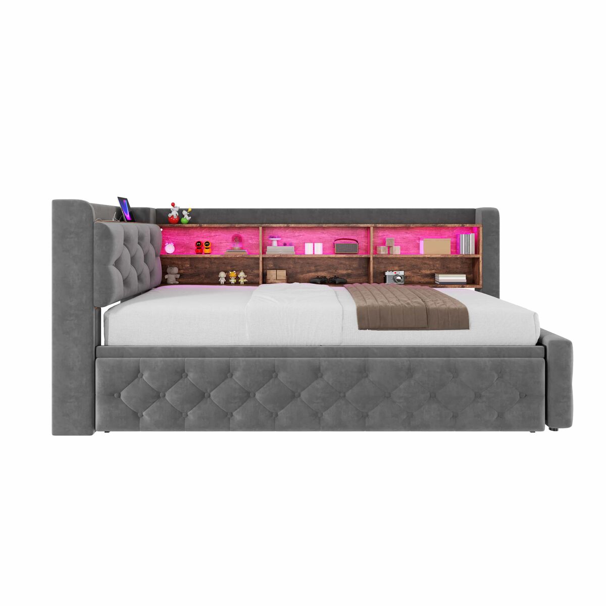 Sofá-cama 90x190 cm - extensível, com arrumação, led, usb-c, encosto - cinza escuro