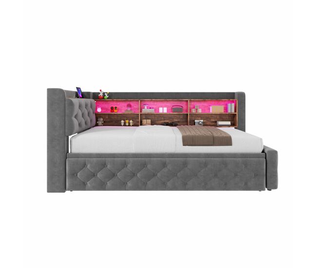 Sofá-cama 90x190 cm - extensível, com arrumação, led, usb-c, encosto - cinza escuro
