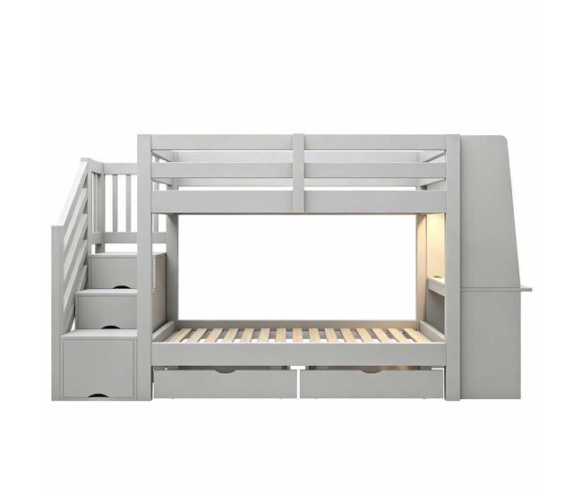 Beliche infantil 90x200 cm – com secretária integrada, luz led, tomada, gavetas e escada – cinzento